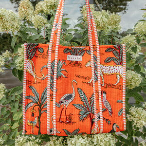 Marshé Handmade Block Print Quilted Tote - Orange Jungle