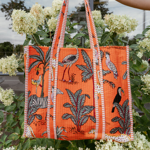 Marshé Handmade Block Print Quilted Tote - Orange Jungle