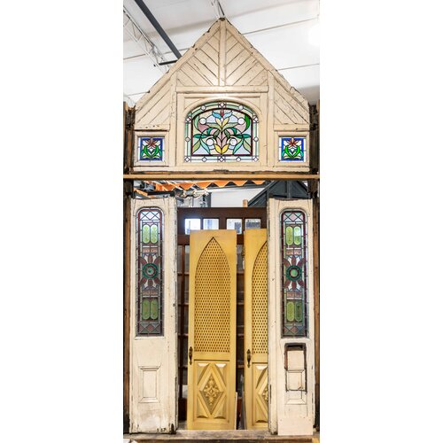 1800's English Stained Glass Sidelights w/ Transom