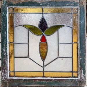 Purple Flower Green Leaves Stained Glass Window