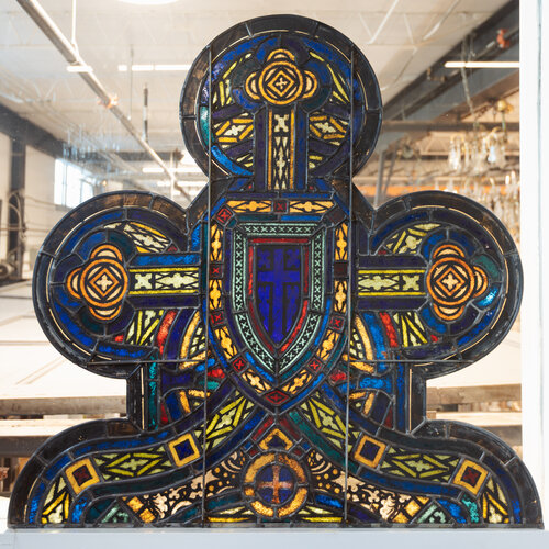 Re-leaded 1800s Trefoil Hand Painted and Kiln fired Glass No.1