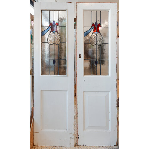 Art Nouveau Red Ducks Stained Glass Double Doors From England