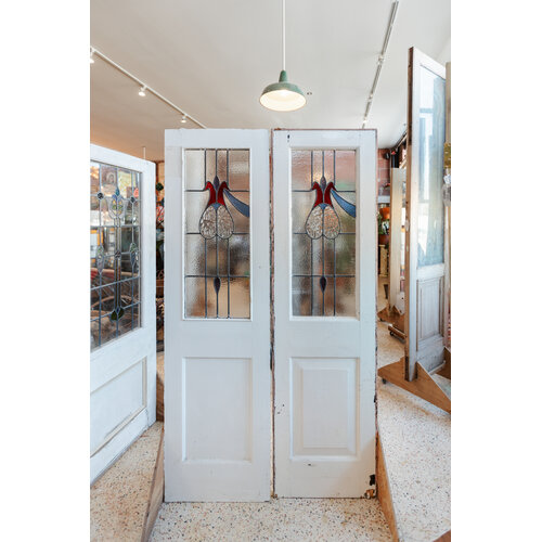 Art Nouveau Red Ducks Stained Glass Double Doors From England