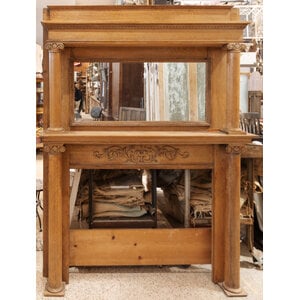 Tiger Oak Mantel with Beveled Mirror + Egg and Dart Trim