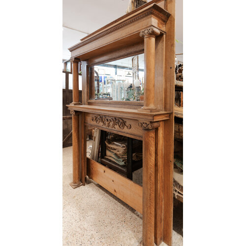 Tiger Oak Mantel with Beveled Mirror + Egg and Dart Trim