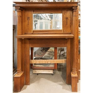Hand Carved Ornate Tiger Oak Wood Mantel with Mirror