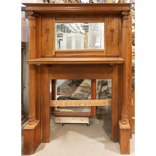 Hand Carved Ornate Tiger Oak Wood Mantel with Mirror