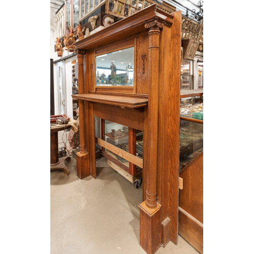 Hand Carved Ornate Tiger Oak Wood Mantel with Mirror