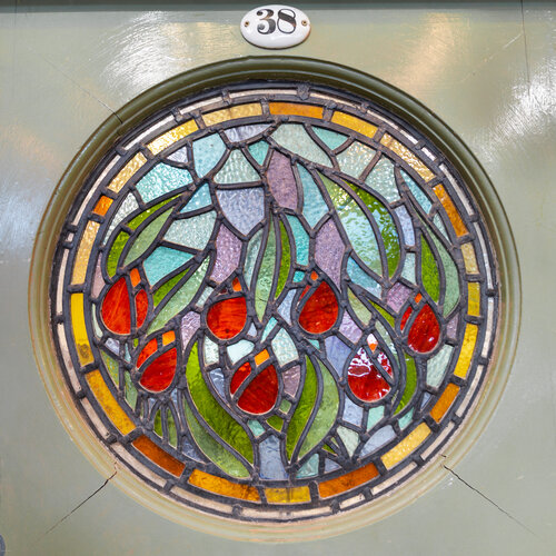 Green Tudor Stained Glass Door with Side Lights From England