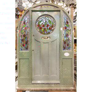 Green Tudor Stained Glass Door with Side Lights From England