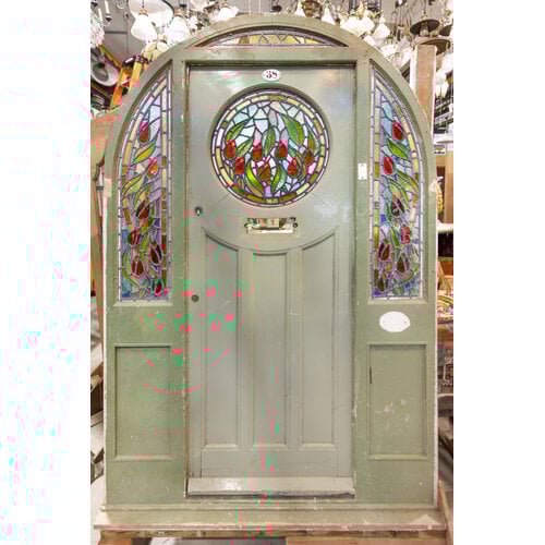 Green Tudor Stained Glass Door with Side Lights From England