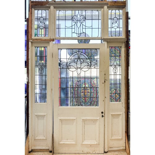 Leaded Glass Door with Side Lights + Transom From England