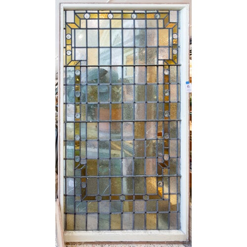 Large Amber + Sage + Rondels Stained Glass Window