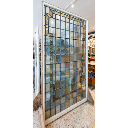 Large Amber + Sage + Rondels Stained Glass Window