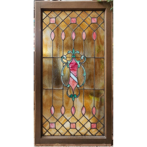 Fleur De Lis Pink and Amber Stained Glass Window