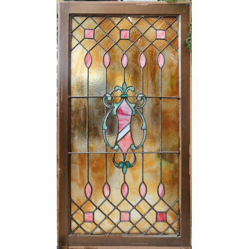 Fleur De Lis Pink and Amber Stained Glass Window