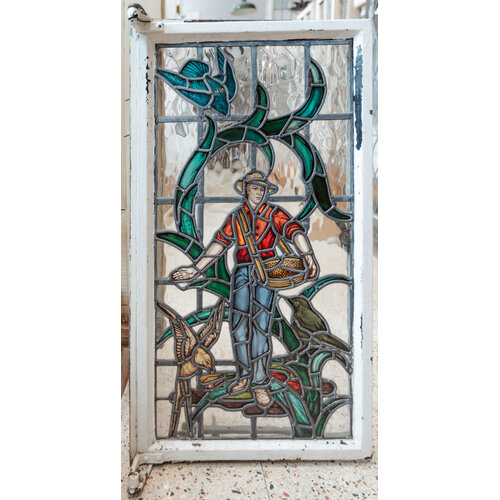 Feeding Birds - Hand Painted and Fired Stained Glass Casement Window