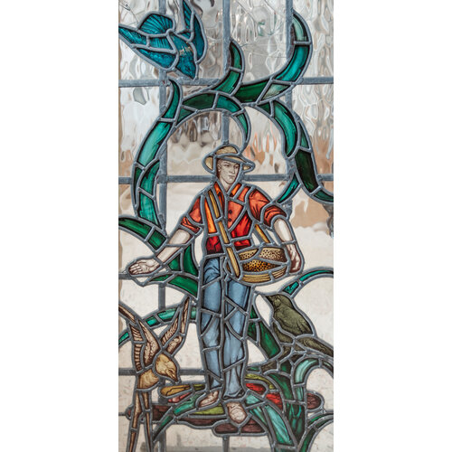 Feeding Birds - Hand Painted and Fired Stained Glass Casement Window