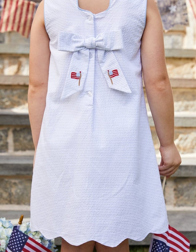 little english Embroidered Bow Back Dress Lt Blue Stripe
