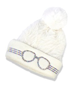 White Knit Hat w/Faux Glasses Rhinestone
