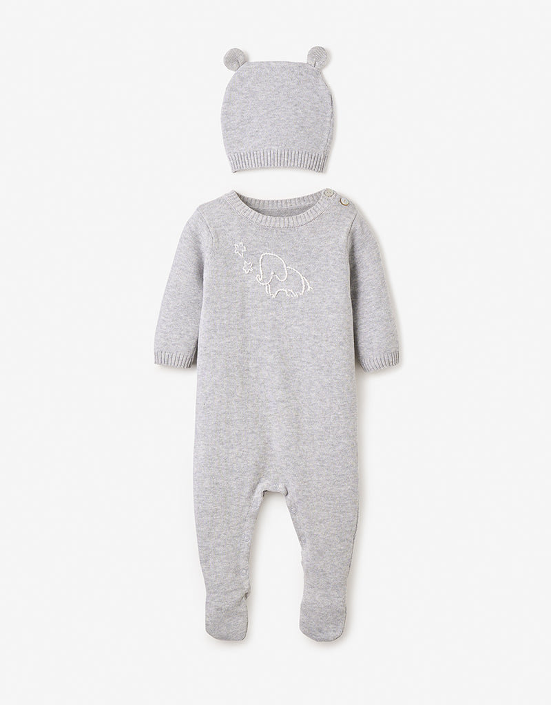 Elegant Baby Elephant Knit Jumpsuit w/Hat