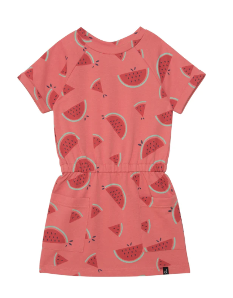 Deux par Deux Coral S/S French Terry  Dress w/Watermelon Print