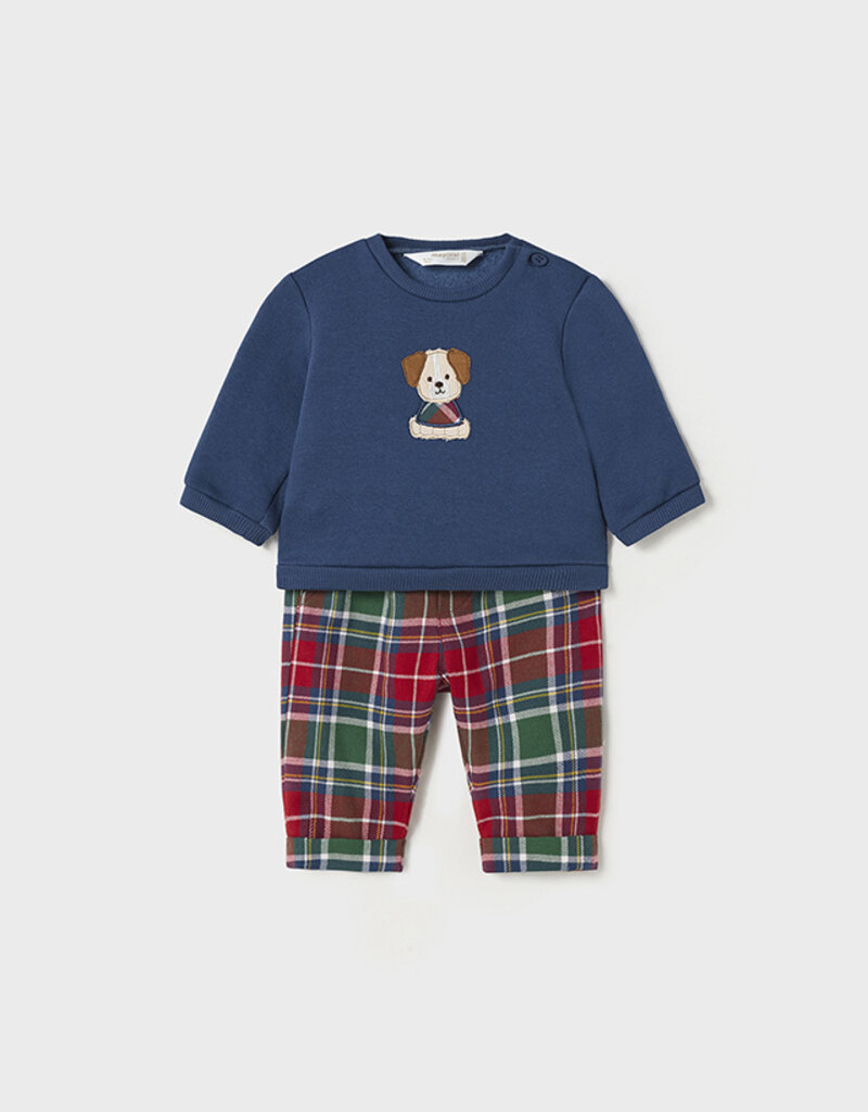 Mayoral Red Green Plaid Pants w/Puppy Appl Pullover