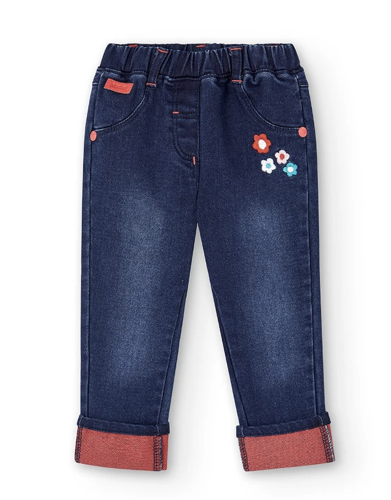 Boboli Girls Denim Pants w/Flower Embroidery