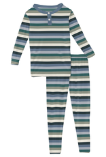 Kickee Pants Print L/S Henley Pajama Set Snowy Stripe