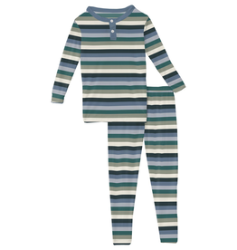 Kickee Pants SALE Print L/S Henley Pajama Set Snowy Stripe
