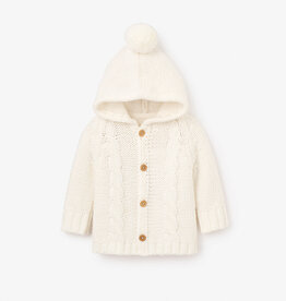 Elegant Baby White Chunky Hooded Pom Pom Cardigan