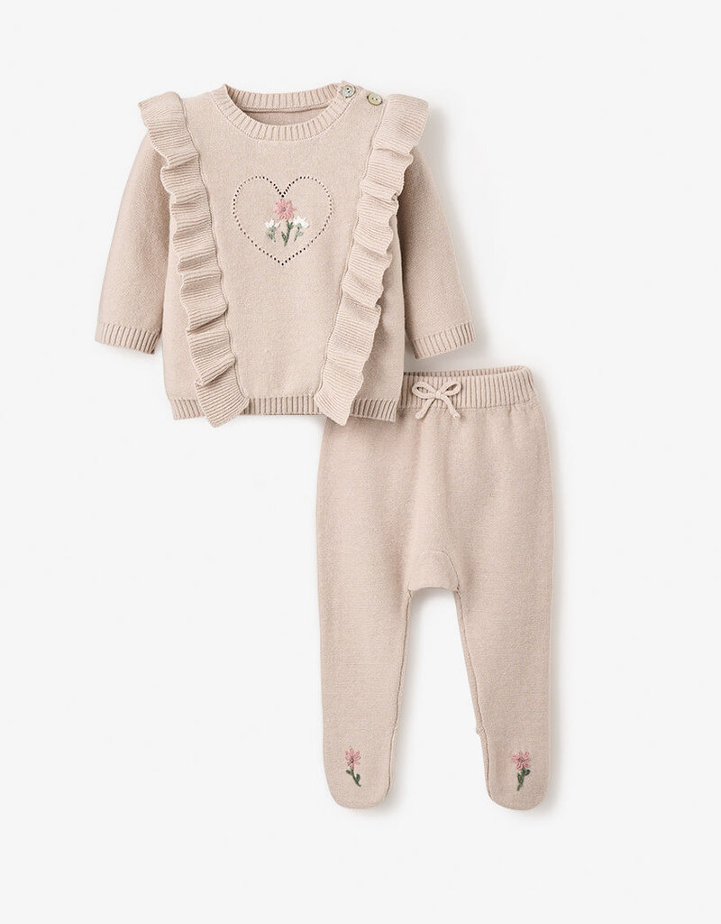 Elegant Baby Pony Meadow Heart Sweater Pant Set Taupe