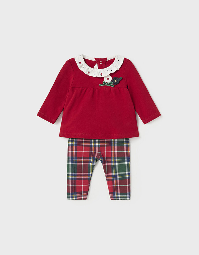 Mayoral Red Embroidered Top w/Plaid Leggings