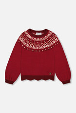 Deux par Deux Intarsia Sweater w/Puff Sleeves Rumba Red