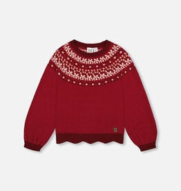 Deux par Deux SALE Intarsia Sweater w/Puff Sleeves Rumba Red