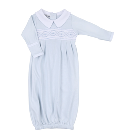 Magnolia Baby Alex Blue Smocked Collared L/S Pleated Gown Lt Blue