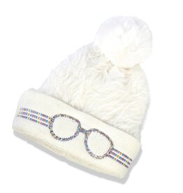 Bling2o White Knit Hat w/Faux Glasses Rhinestone