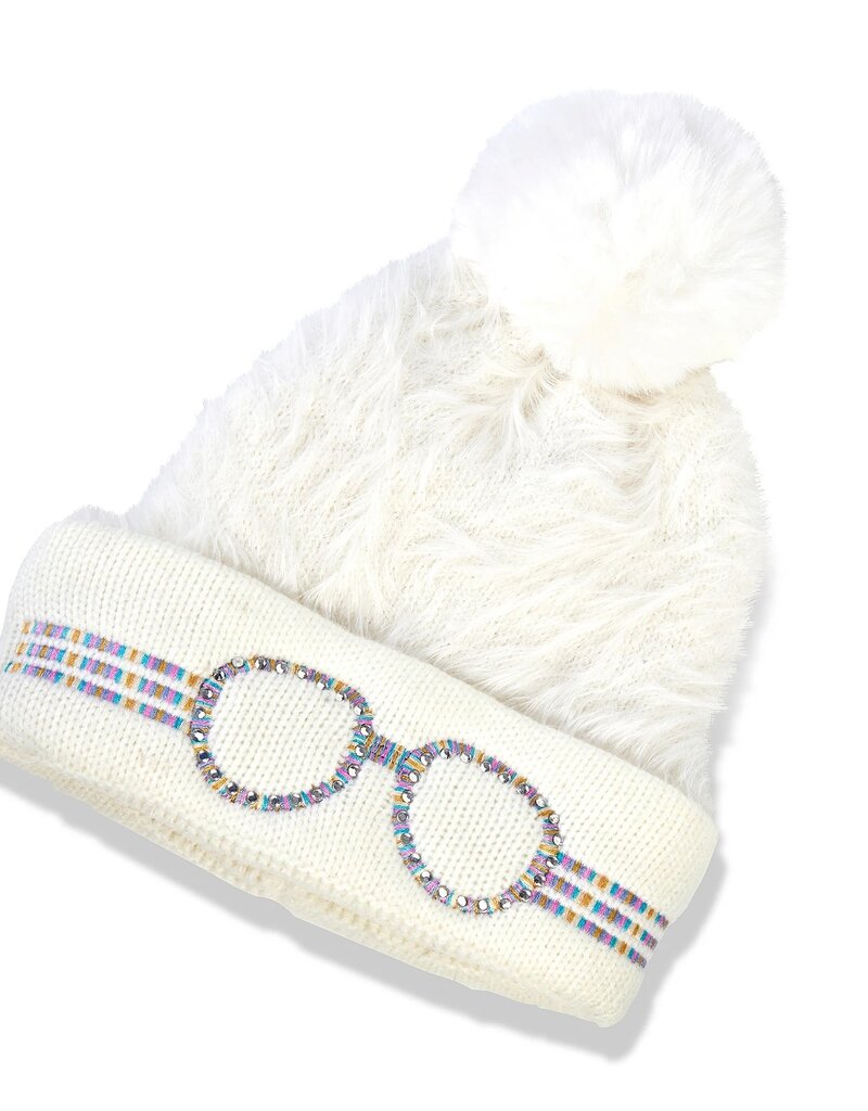 White Knit Hat w/Faux Glasses Rhinestone