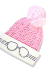 Powder Pink Knit Hat w/Faux Glasses Rhinestone