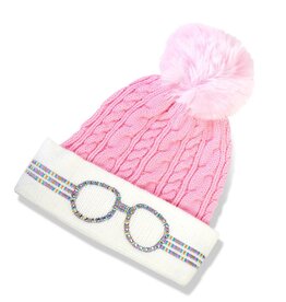 Bling2o Powder Pink Knit Hat w/Faux Glasses Rhinestone