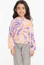 Chaser Peach Lavender Tie Dye Semi Cropped Shirred Hoodie