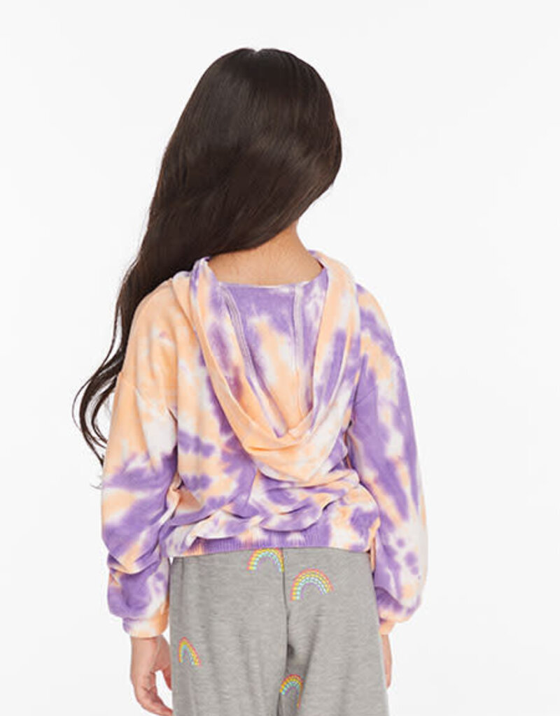 Chaser Peach Lavender Tie Dye Semi Cropped Shirred Hoodie