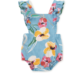 Tea Collection Ruffle Bubble Baby Romper Painterly Hibiscus in Blue