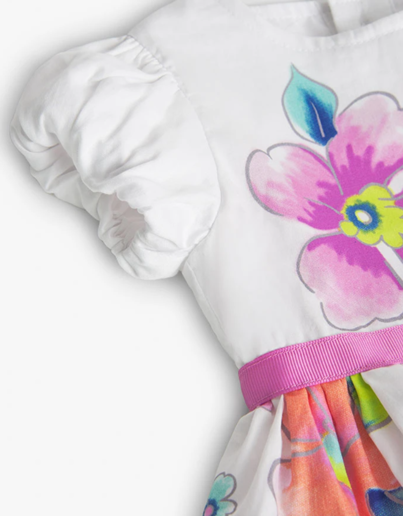 Boboli White Dress w/Flower Print and Ribbon