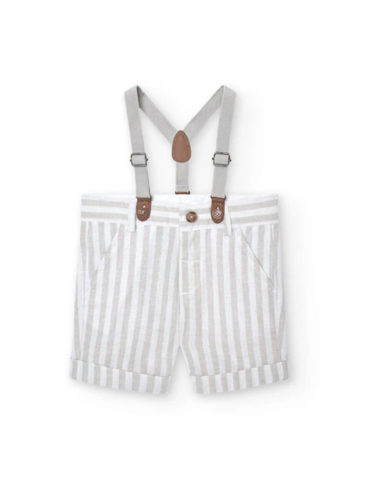 Boboli Stone Striped Linen Shorts w/Suspenders