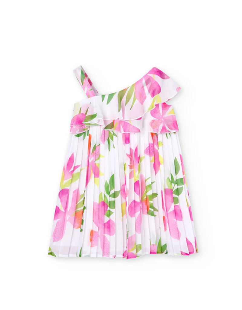 Pleated Chiffon Flower Print Dress