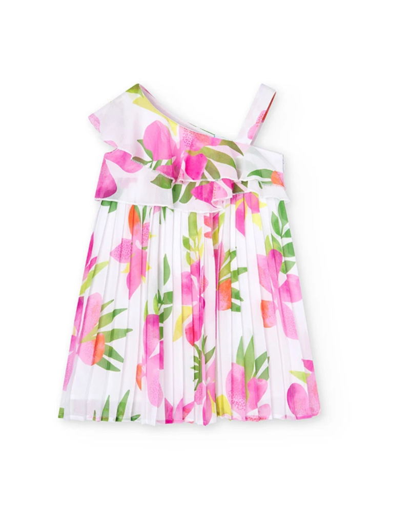 Pleated Chiffon Flower Print Dress