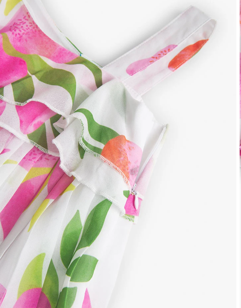 Pleated Chiffon Flower Print Dress