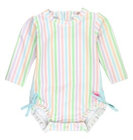 RuffleButts L/S 1 Piece Rash Guard PALE RAINBOW STRIPE