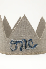 oh baby! First Birthday Linen Crown w/Multi Blue Yarn Oatmeal